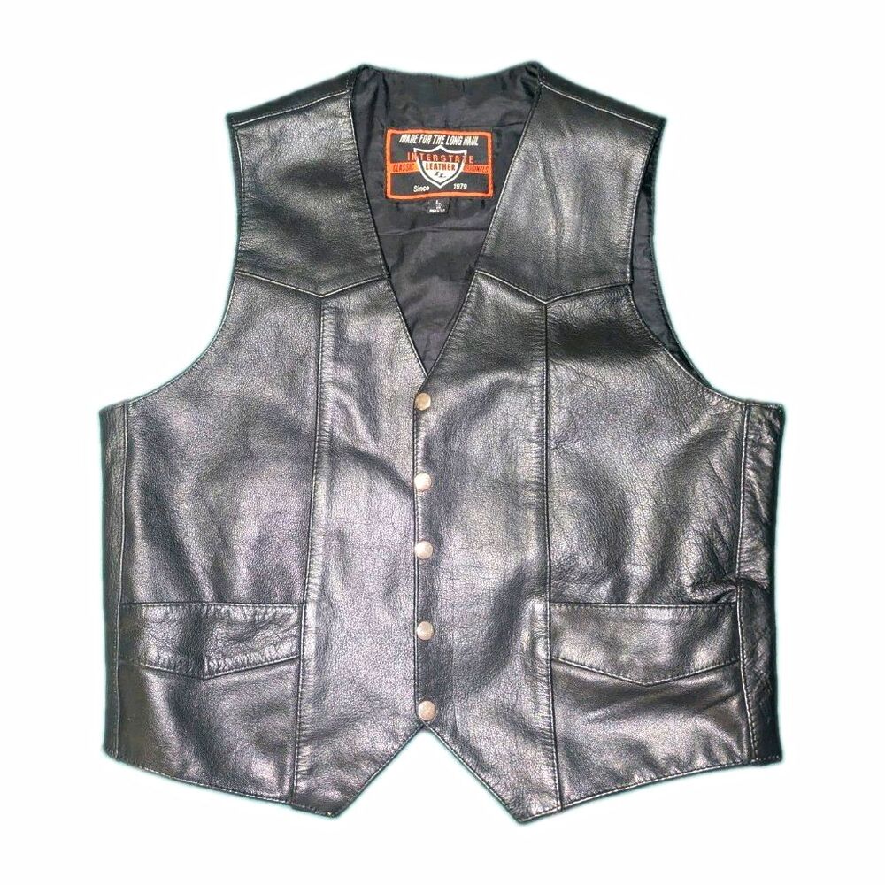 Vintage Interstate Leather Biker Vest Mens Large Black Snap Front Motorcycle Cut